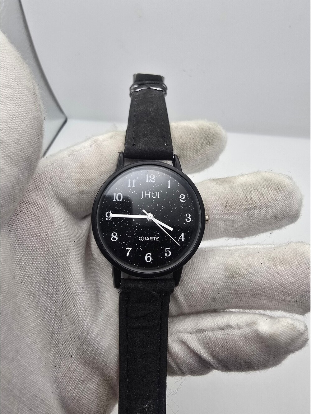 JHUI Quartz Watch Black Starry Sky Dial Arabic Numerals Suede Style Strap Unisex